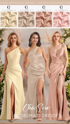 the bridesmaid dresses are available in different colors and styles, including one with high slit