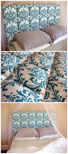 three different pictures of a bed with blue and white bedspread, pillows and headboard