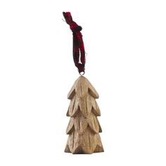 a wooden ornament with a red scarf hanging from it's neckline