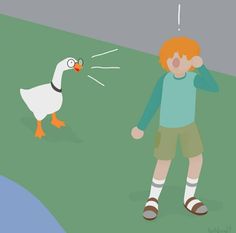 a little boy standing next to a duck