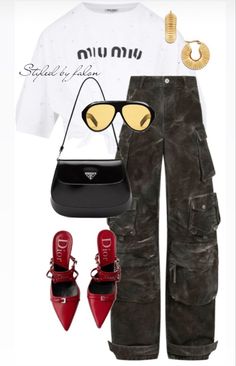 Gucci Heels Outfit, Dinner And Drinks Outfit, Miu Miu Outfit, Graphic Outfit, Oversized Cargo Pants, Simple Brunch, Miu Miu Top, Dior Heels, Red Kitten Heels