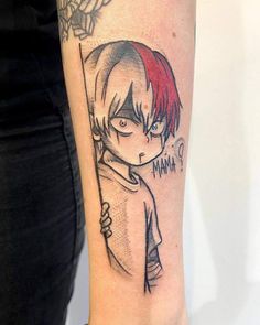 a woman's leg with a tattoo on it and an anime character holding a knife