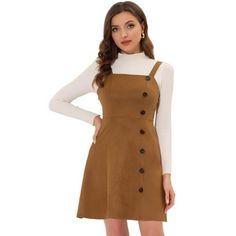 Allegra K Women's Faux Suede Button Decor A-Line Mini Overall Dress Dress With Trainers, Dress For School, Faux Suede Dress, Button Decor, Elegant Feminine, Faux Suede Fabric, Suede Dress, Knitted Tops, Overall Dress