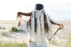 Macrame Veil made with 100% cotton rope and decorated with ribbons. Color: Cotton Ecru rope + light beige ribbons.  ✅Perfect for adding a touch of boho beauty to any summer outfit or special occasion such as weddings or photo shoots. Each veil is carefully handcrafted with high-quality materials and attention to detail, making each piece a one-of-a-kind creation.  Head circumference: aprox. 21 inches ( aprox. 52-54 cm) ✅ Estimated shipping times: United States: 2-3 weeks Europe: 1-2 weeks Canada Bohemian Headpieces For Beach Summer, Boho Wedding Veil Bohemian Bride, Macrame Wedding Veil Tutorial, Bohemian White Headpiece For Festival, Bohemian Beach Headband, Silver Bohemian Headpieces For Wedding, Macrame Wedding Veil, White Bohemian Headband, Adjustable Bohemian Headpieces With Feathers