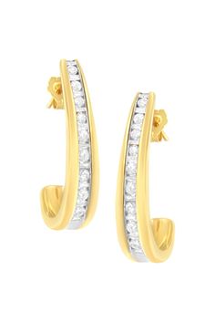 Simple And Elegant, These Diamond J Hoop Earrings Are Perfect For Any Occasion. Created In 10k Yellow Gold, This Design Features Sparkling Round And Baguette Cut Diamonds That Alternate And Inlay The Front Edge Of The Hoop. This Piece Captivates With 1 Ct Tdw Of Diamonds. J Hoop, Baguette Cut Diamond, Diamond Settings, Diamond Hoop Earrings, Channel Set, Baguette Cut, Jewelry Earrings Hoops, Diamond Clarity, 1 Carat