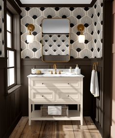 a bathroom with two sinks and a mirror on the wall next to a wooden floor