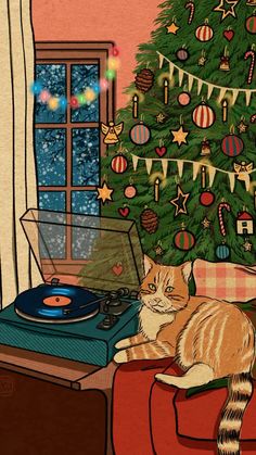 a cat is sitting on a chair next to a record player and christmas tree in the background