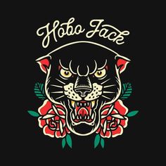 a black and red tiger with roses on it's head, the words hobo face