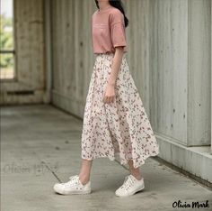 Olivia Mark - Semi-formal Skirt with Elegant Scattered Floral Pattern Semi Formal Skirts, Elegant Maxi Skirt, Modest Christian Clothing, Floral Skirt Summer, Japanese Fashion Women, Modest Girly Outfits, Floral Print Maxi Skirt, Blue Floral Skirt, Floral Print Midi Skirt