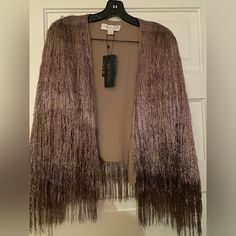 Fabulous Pewter Gold Tone, Fringe Jacket. That Looks Great With Evening Wear As Well As Jeans. Elegant Black Fringe Outerwear, Hooded Blazer, Leather Fringe Coats & Jackets, Vintage Brown Fringed Outerwear, Leopard Blazer, Black Long-sleeved Outerwear With Tassels, Leopard Print Blazer, Sequin Cardigan, Brown Long-sleeve Fringe Outerwear