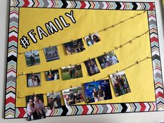 a family photo hanging on a bulletin board with pictures pinned to it and the words family