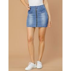 Show off your charm in this Allegra K denim mini short skirt in all season. The casual look of a skirt with a zip front and high waist. This zip-front skirt is a classic that looks great with a variety of styles. Pair it with a solid color top or a stylish blouse you like to finish the casual duty-off look. The zipper design makes it easy to wear. Faux Pocket, is cute and adds a playful style to this skirt. Casual Mini Denim Skirt With Zipper Closure, Casual Mini Denim Skirt With Zipper, Casual Skort With Zipper Closure For Spring, Casual Spring Skort With Zipper Closure, Casual Mini Length Bottoms With Zipper, Casual Mini Bottoms With Zipper Closure, Casual Mini Skort With Zipper Closure, Casual Mini Bottoms With Zipper, Casual Skort With Side Zipper