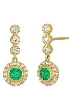 A delicate cascade of diamonds draws the eye to the stunning pavê-trimmed emeralds anchoring these 18-karat-gold drop earrings. 5/8" drop; 1/4" width Post back Total emerald weight: 0.37ct. Total diamond weight: 0.40ct. Color: G Clarity: VS 18k gold/emerald/diamond Made in the USA Diamond Guide Emerald Yellow Gold Diamond Earrings Fine Jewelry, Gold Emerald Earrings With Brilliant Cut, Emerald Yellow Gold Diamond Earrings, May Birthstone Fine Jewelry Diamond Earrings, Elegant Diamond Earrings For May Birthstone, May Birthstone Diamond Earrings, Diamond Drawing, Bony Levy, Diamond Guide