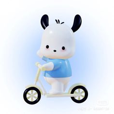 a small white and black animal riding a scooter on a light blue background