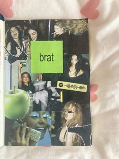 an open book with pictures of women and words written on the pages, including brat