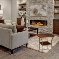 a living room filled with furniture and a fire place in the middle of the room