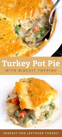 turkey pot pie with biscuit topping on a white plate