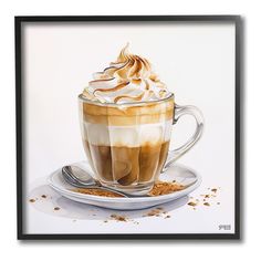 a painting of a cup of coffee on a saucer with whipped cream in it