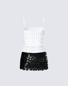 The star has arrived 🖤 Pairing a cutesy white lace top with a glam black sequin mini skirt, this two-piece set is truly the best of both worlds 🤩 Glamorous Mini Tops For Night Out, White Sequined Party Top, White Mini Dress With Contrast Sequin For Night Out, White Contrast Sequin Mini Dress, White Sequined Tops For Night Out, Glamorous White Top For Night Out, White Party Tops, Black Sequin Mini Skirt, Sequin Set