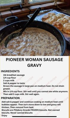 a recipe for a woman's sausage gravy is shown in front of a window