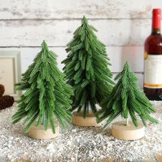 three small pine trees sitting on top of a table next to a bottle of wine