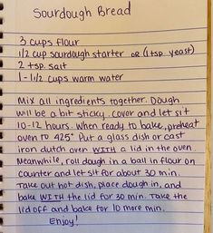 a recipe for sourdough bread written in cursive writing on lined paper