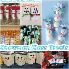 there are many snowman glass treats in this collage