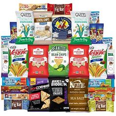 the variety of snacks are stacked on top of each other in a pyramid shape with different flavors