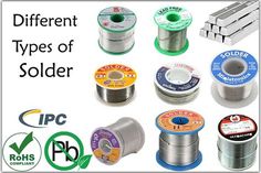 different types of solder wire and spools on white background with text that reads different types of solder wire