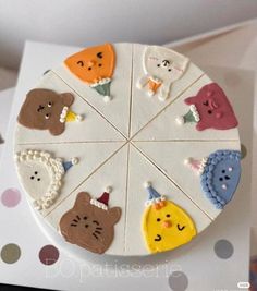 a cake decorated with different types of animals on top of a white plate and polka dots