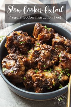 slow cooker meat in a bowl with the title above it that says slow cooker steak