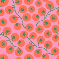 an orange and green pattern on a pink background with stars, leaves and circles in the center