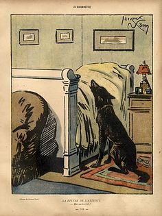 an illustration of a black dog standing in front of a bed