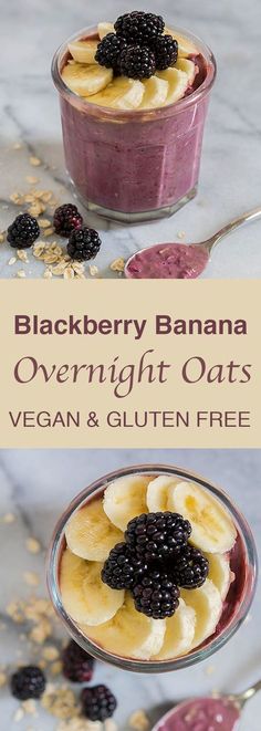 the dessert is topped with bananas, blackberries and oats in a glass dish