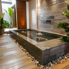 a fish pond in the middle of a room with wooden floors and plants on either side