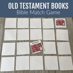 the old testament books bible match game is shown on a table with paper squares and stickers