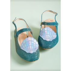 Modcloth. Dancing Days By Banned Seaside Spirit Slingback Flats. Teal Metallic With A Hint Of Gold Shine. Periwinkle Metallic Seashell On Top. Strap Across Top Of Foot Has A Snap Closure. Adjustable Buckle On Slingback Straps. Brand New, Never Worn! No Box. These Shoes Are Adorable But They Clash With My Foot Tattoos Somebody Please Give Them A Good Home! Size 38 (7.5) Teal Flats, Quirky Shoes, Mermaid Shoes, Modcloth Shoes, Trendy Womens Shoes, Dancing Day, T Strap Flats, Strappy Flats, Brown Loafers