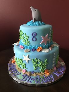 a birthday cake decorated with an ocean theme