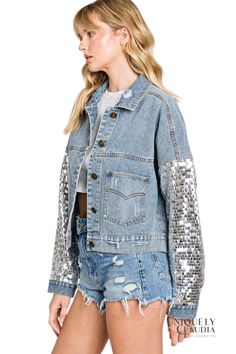 Talk about fashionista, our Brittney Sequins Detail Distressed Denim Jacket is ready to work hard to make you look & feel good! This cute denim jacket has sturdy non-stretch cotton construction that forms a collared neckline, two functional front pockets, and long sequined balloon sleeves with button cuffs. Spring Sequined Long Sleeve Denim Jacket, Spring Denim Jacket With Sequins Long Sleeve, Spring Denim Jacket With Sequins And Long Sleeves, Trendy Long Sleeve Denim Jacket With Sequins, Trendy Long-sleeve Denim Jacket With Sequins, Spring Party Denim Jacket, Sequin Denim Jacket For Spring, Trendy Denim Jacket With Sequins, Long Sleeve Denim Jacket For Party