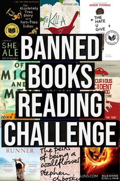 the banner for banned books reading challenge is shown in black and white, with an image of