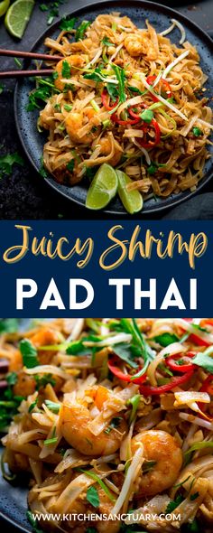 two plates filled with pad thai noodles and shrimp