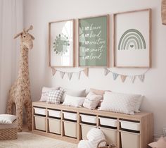 a child's room decorated in neutral colors