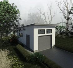 an artist's rendering of a small shed in the middle of a foggy park