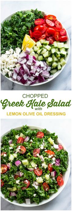 chopped greek salad with lemon olive oil dressing is shown in two separate images, and the same salad has been cut up