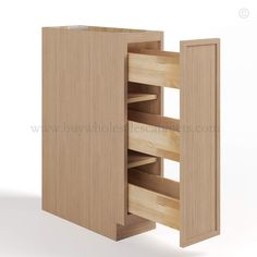 an open wooden cabinet with shelves and drawers