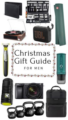 the christmas gift guide for men is on display with other items in front of it