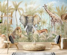 an elephant, giraffe and lion mural in a children's room