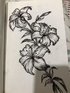 a drawing of some flowers on a sheet of paper with pen and ink in it