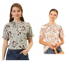 Crafted with soft and stretchy material, and printed with cute ditsy floral patterns, this chiffon top is perfect for ladies, teens, and girls. This pretty floral blouse has a relaxed-fit silhouette and flounces at the front, which highlights your charm. A ruffled frill neck and ruffle short sleeves with elastic cuffs would give an elegant and fashionable style. Perfectly paired with any pants or jeans for a casual look. Summer Gray Floral Print Tops, Gray Floral Print Summer Tops, Gray Floral Print Tops For Summer, Spring Casual Patterned Blouse, Casual Ditsy Floral Print Short Sleeve Blouse, Casual Short Sleeve Ditsy Floral Blouse, Casual Short Sleeve Blouse With Ditsy Floral Print, Casual Gray Floral Print Tops, Casual Patterned Blouse With Ruffles