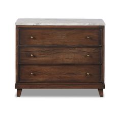 a wooden dresser with marble top and two drawers on one side, against a white background